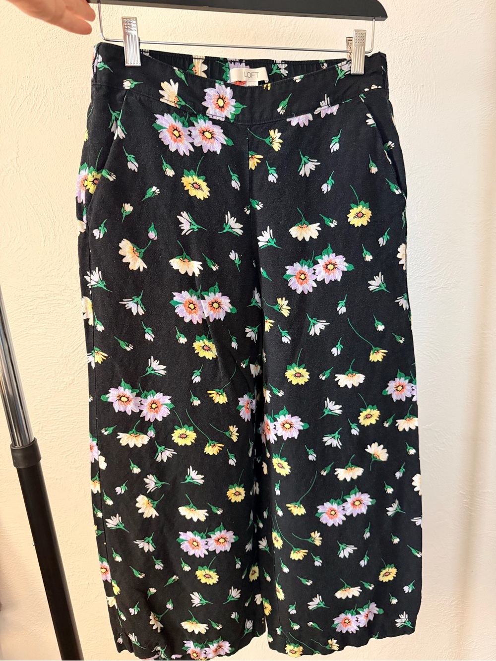LOFT Black Floral Cropped Wide-Leg Pants with Pink & Yellow Blooms